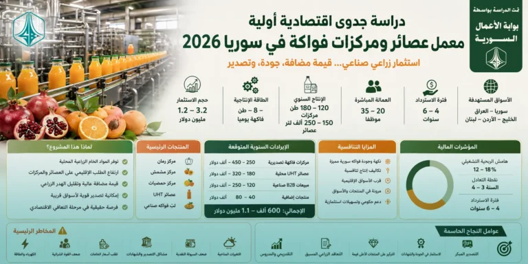 دراسة جدوى أولية لمعمل عصائر ومركزات فواكه في سوريا 2026: فرصة واعدة بشرط التصدير وضبط الطاقة وسلسلة الإمداد
